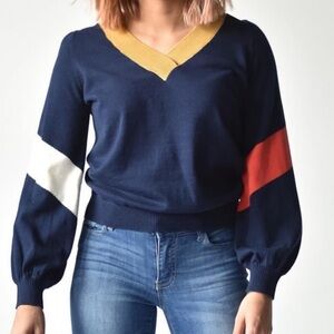 Ellison Colorblock V-Neck Sweater - Women’s Large, Navy/Red/Gold/White